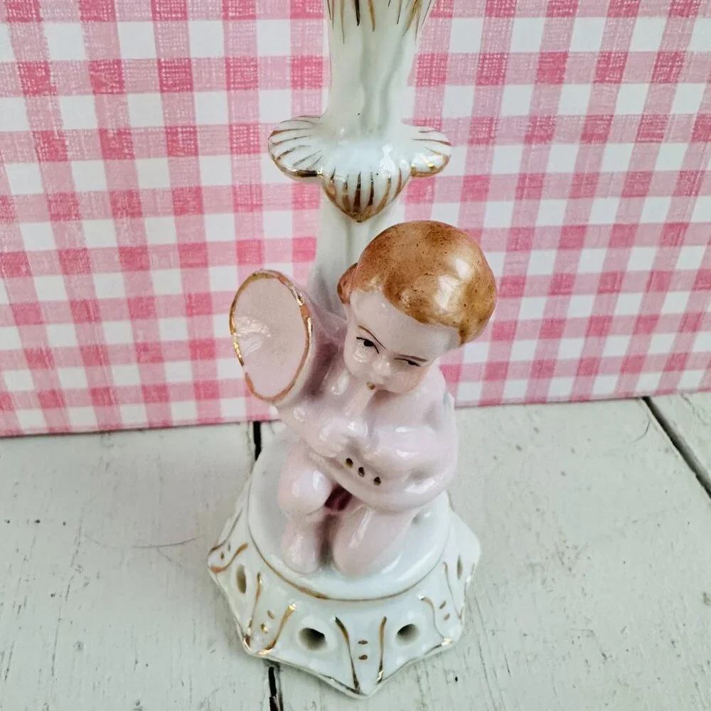 Vintage Japan Cherub Bud Vase Angel Figurine Pink Porcelain Rosebud Vase